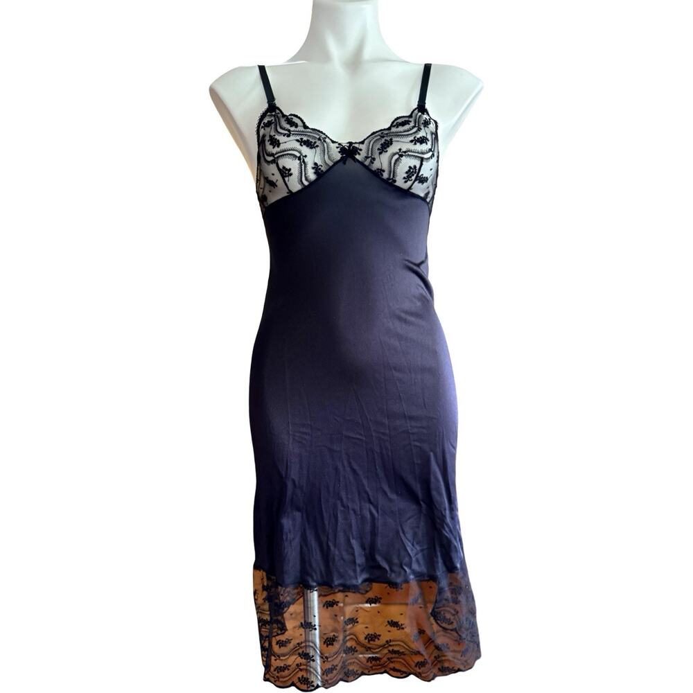 Vintage Black Nylon Lace Slip Dress XS S Goth Coquette Dark Romantic Grunge